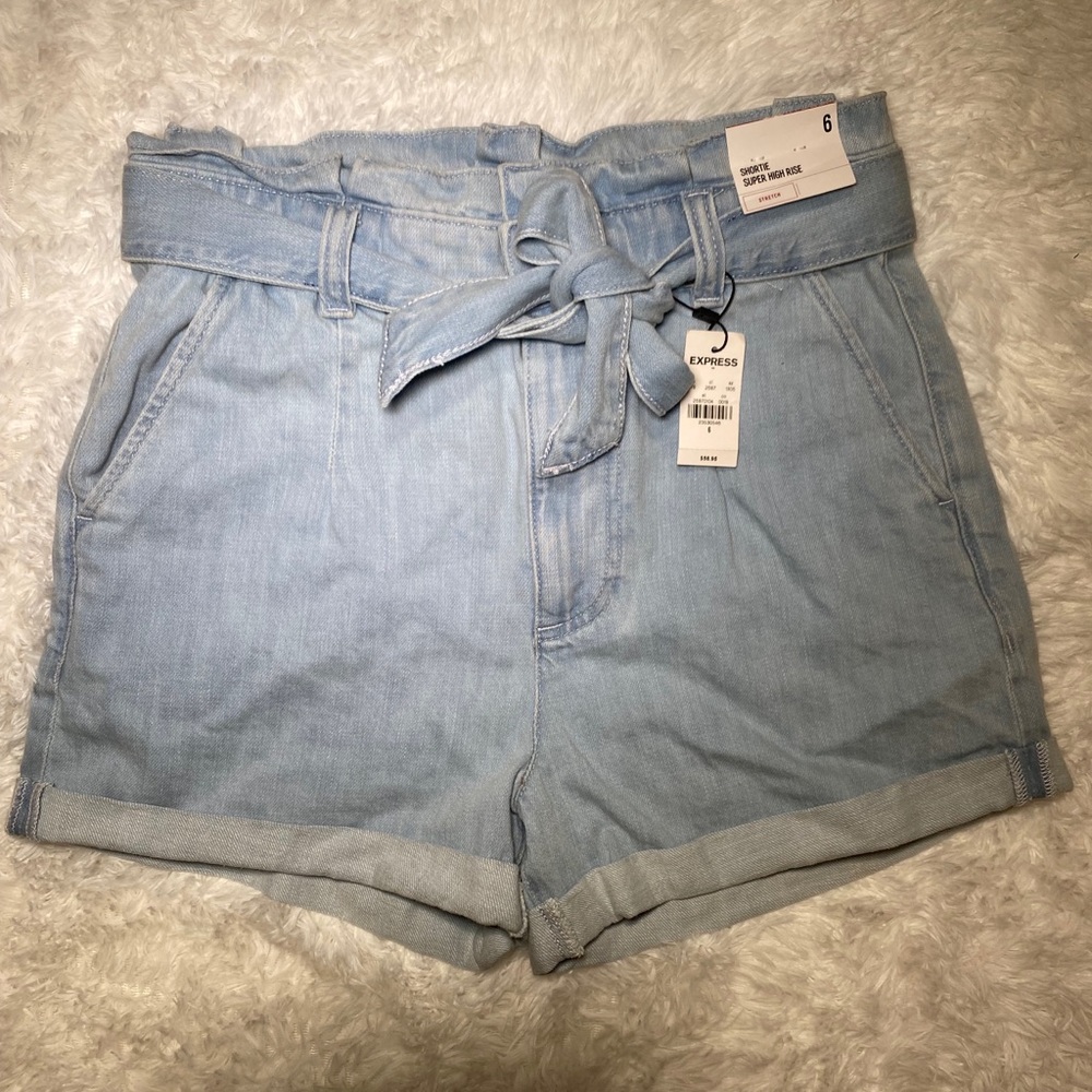 High waisted denim paper bag shorts
